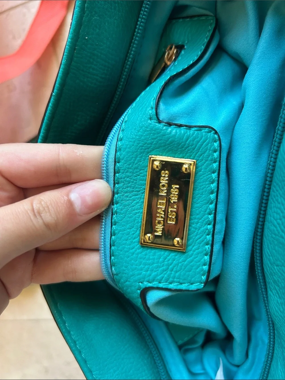 Michael Kors Teal Leather Logo Tote with Gold Medallion